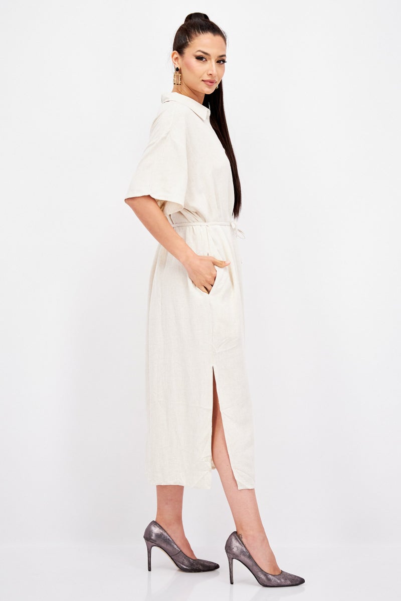 Weekday Women Corinna Linen Belted Tie Short Sleeve Shirts Dress, Oatmeal - Image 3