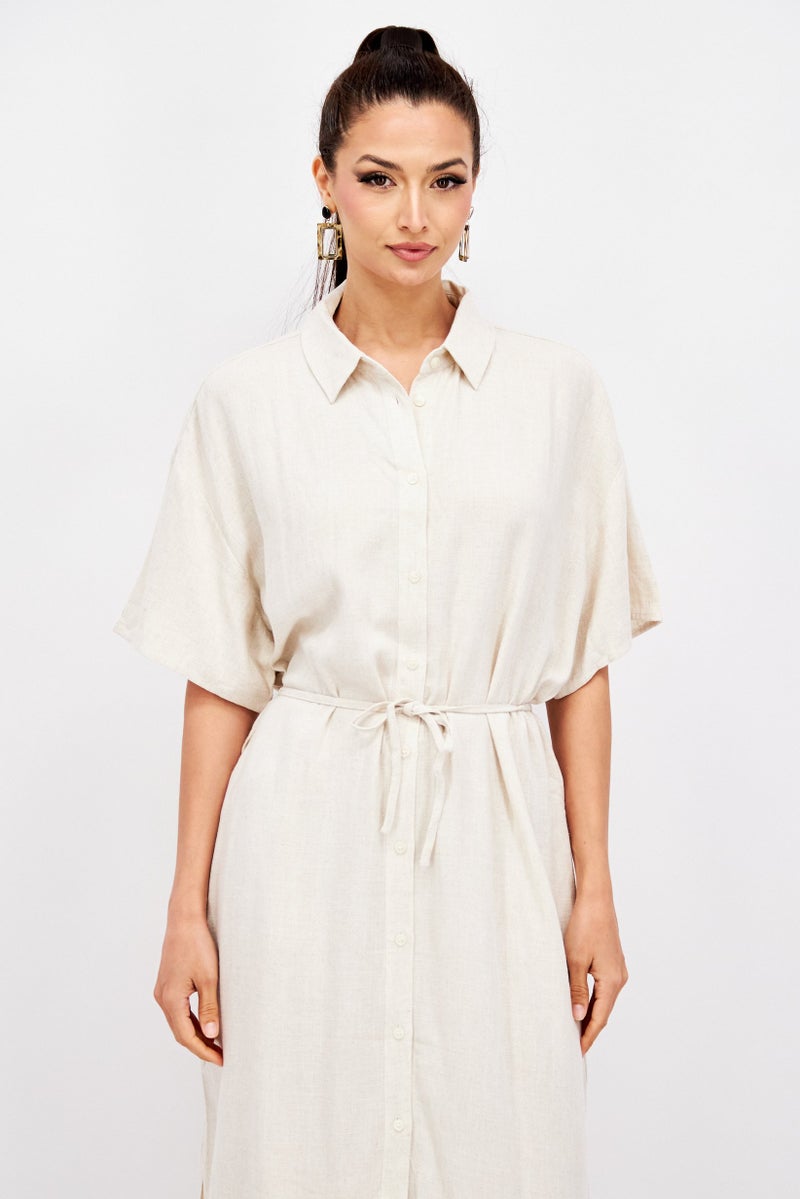 Weekday Women Corinna Linen Belted Tie Short Sleeve Shirts Dress, Oatmeal - Image 4