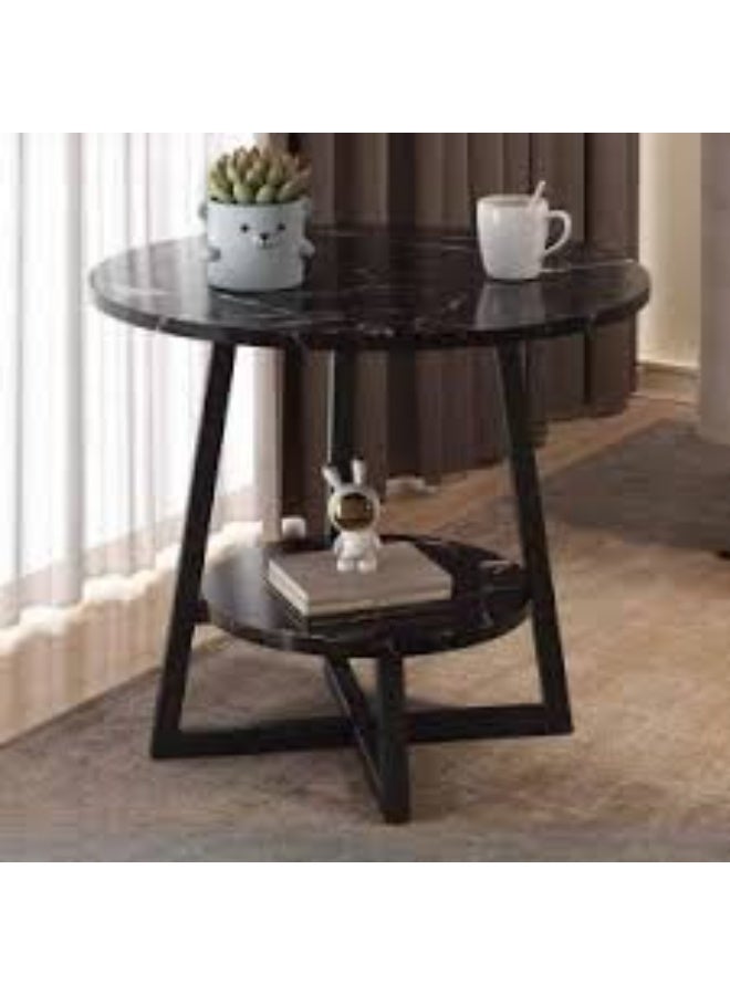 Modern round side table featuring a black marble finish top, a metal frame with a cruciform base, and a second storage shelf. - Image 3