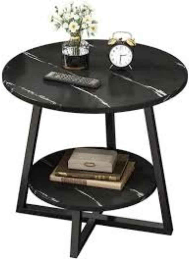 Modern round side table featuring a black marble finish top, a metal frame with a cruciform base, and a second storage shelf. - Image 5