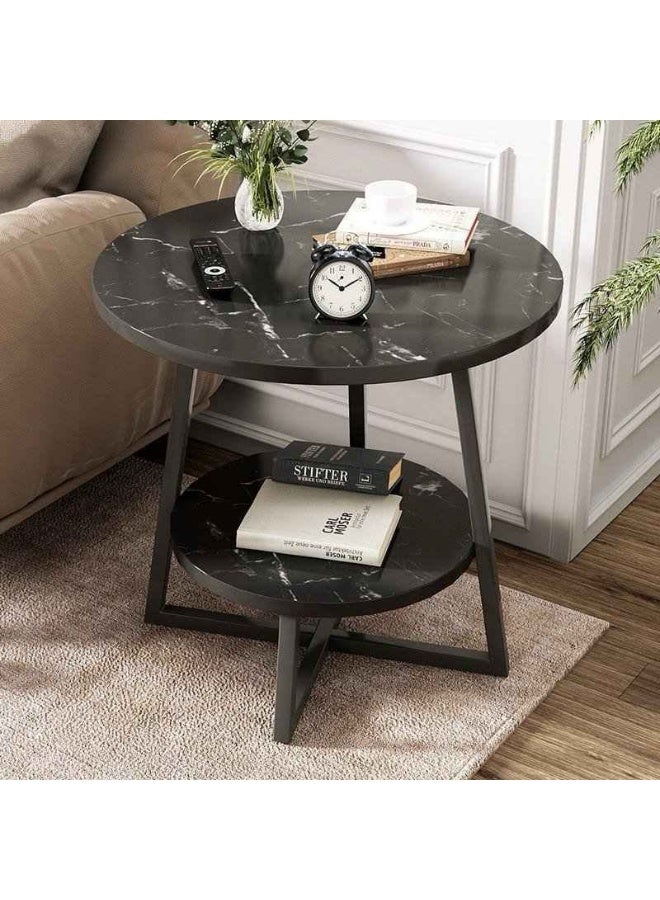 Modern round side table featuring a black marble finish top, a metal frame with a cruciform base, and a second storage shelf. - Image 4