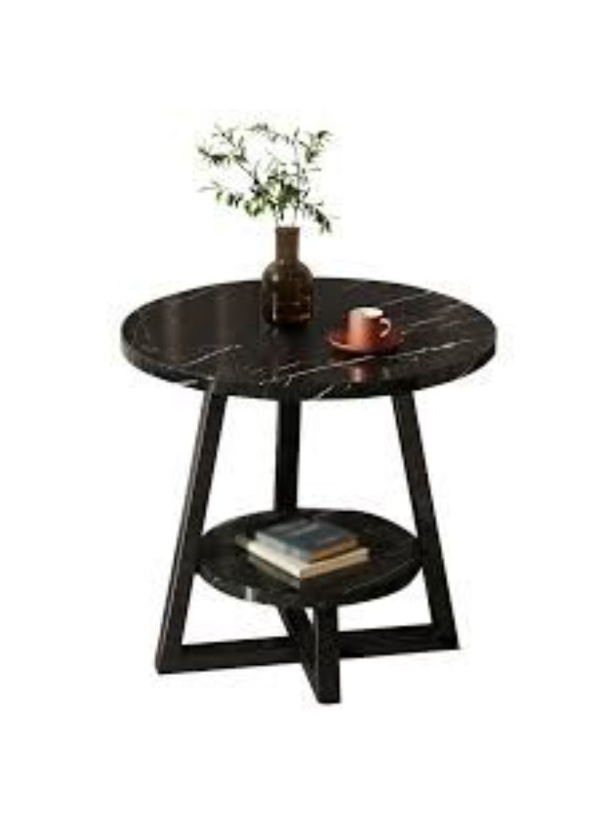 Modern round side table featuring a black marble finish top, a metal frame with a cruciform base, and a second storage shelf. - Image 2