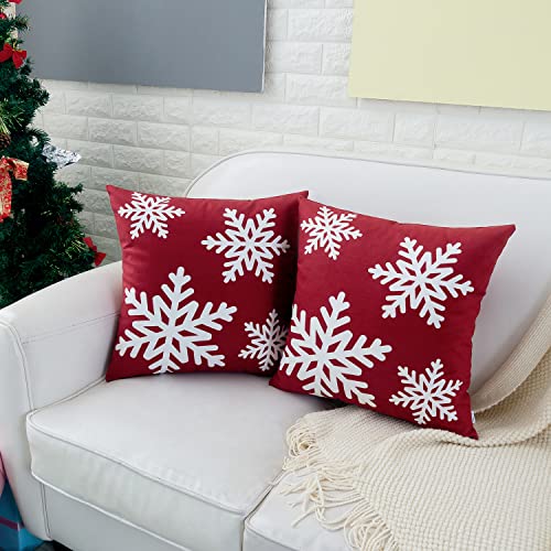 HWY 50 Red Decorative Throw Pillow Covers 16x16 Inch for Couch Sofa Living Room Bed Soft Square Throw Pillows Cases Set Cushion Cover with Christmas Snowflakes Print Pack of 2 - Image 1