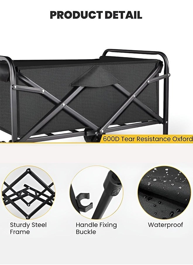 Eworld Foldable Shopping Cart – Heavy-Duty 100kg Utility Trolley with Adjustable Handle, 2 Pockets & 360° Wheels, Waterproof Fabric, Compact for Beach, Camping, Outdoor Garden Cart & Daily Use – Black  - Image 2
