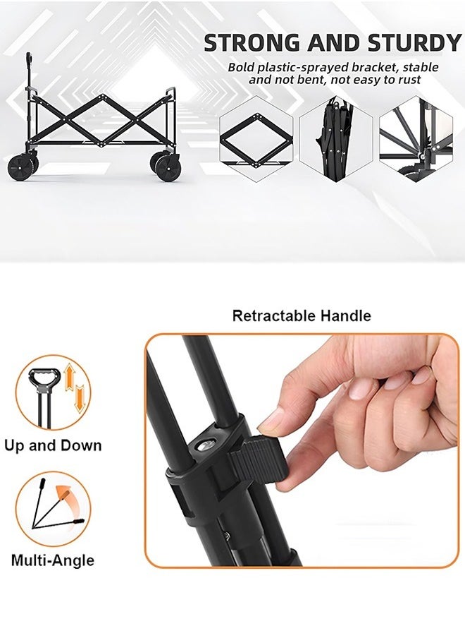 Eworld - Foldable Shopping Cart – Heavy-Duty 100kg Utility Trolley with Adjustable Handle, 2 Pockets & 360° Wheels, Waterproof Fabric, Compact for Beach, Camping, Outdoor Garden Cart & Daily Use – Black - Image 1