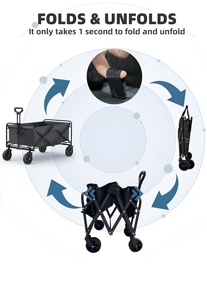 Eworld Foldable Shopping Cart – Heavy-Duty 100kg Utility Trolley with Adjustable Handle, 2 Pockets & 360° Wheels, Waterproof Fabric, Compact for Beach, Camping, Outdoor Garden Cart & Daily Use – Black  - Image 4