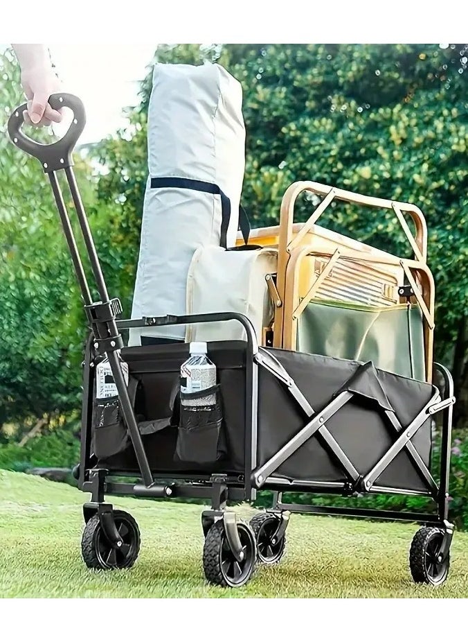 Eworld - Foldable Shopping Cart – Heavy-Duty 100kg Utility Trolley with Adjustable Handle, 2 Pockets & 360° Wheels, Waterproof Fabric, Compact for Beach, Camping, Outdoor Garden Cart & Daily Use – Black - Image 1