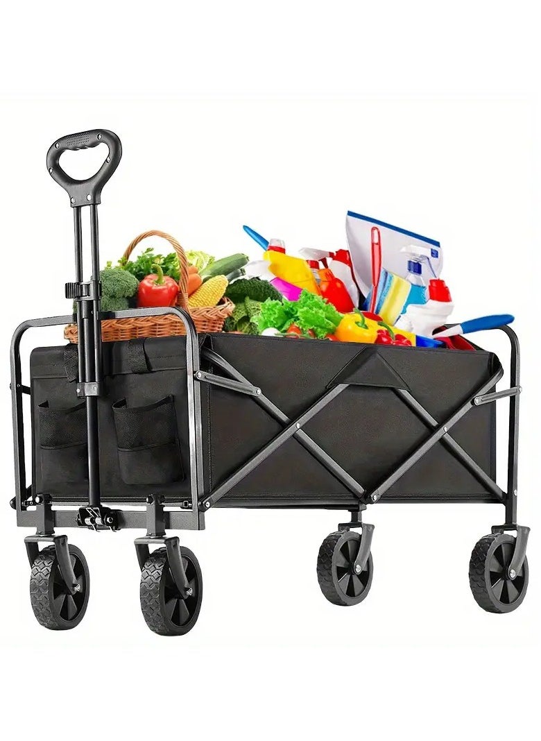 Eworld - Foldable Shopping Cart – Heavy-Duty 100kg Utility Trolley with Adjustable Handle, 2 Pockets & 360° Wheels, Waterproof Fabric, Compact for Beach, Camping, Outdoor Garden Cart & Daily Use – Black - Image 1