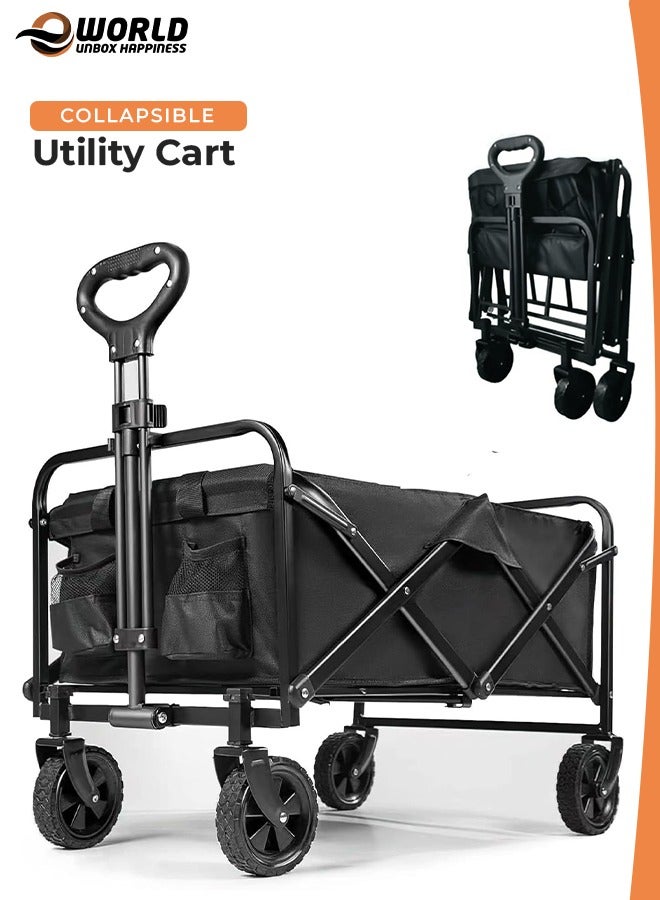 Eworld Foldable Shopping Cart – Heavy-Duty 100kg Utility Trolley with Adjustable Handle, 2 Pockets & 360° Wheels, Waterproof Fabric, Compact for Beach, Camping, Outdoor Garden Cart & Daily Use – Black - Image 1