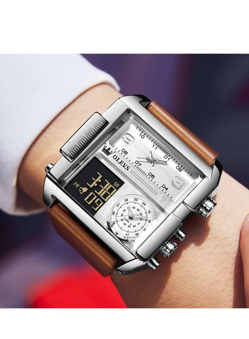 OLEVS Men's Sports Watch Big Face Digital Analog Quartz Watch LED Square Multi-Time Zone Waterproof Stopwatch - Image 2
