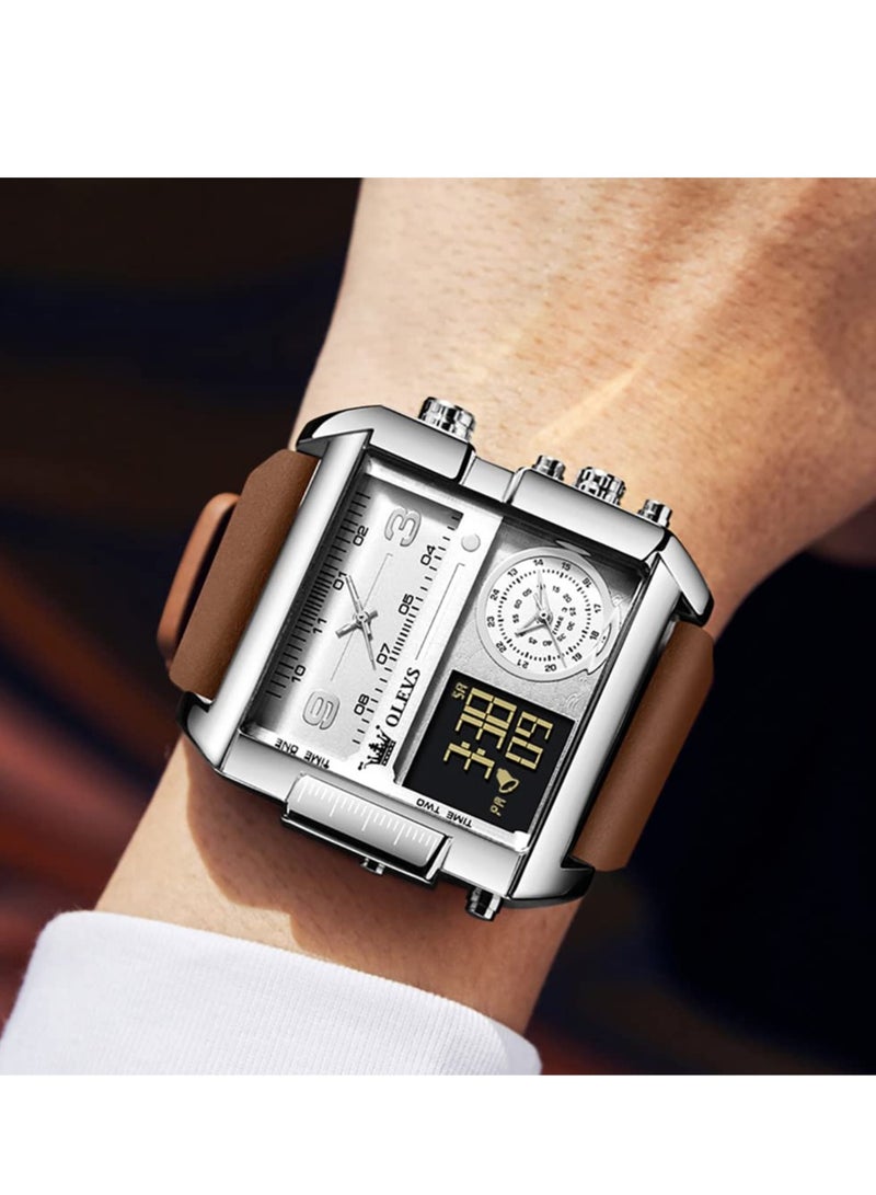 OLEVS Men's Sports Watch Big Face Digital Analog Quartz Watch LED Square Multi-Time Zone Waterproof Stopwatch - Image 4
