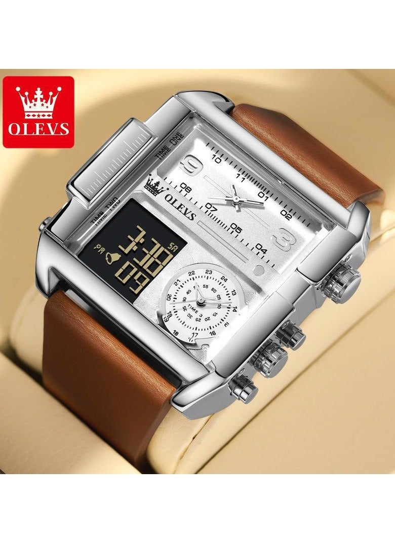 OLEVS Men's Sports Watch Big Face Digital Analog Quartz Watch LED Square Multi-Time Zone Waterproof Stopwatch - Image 1