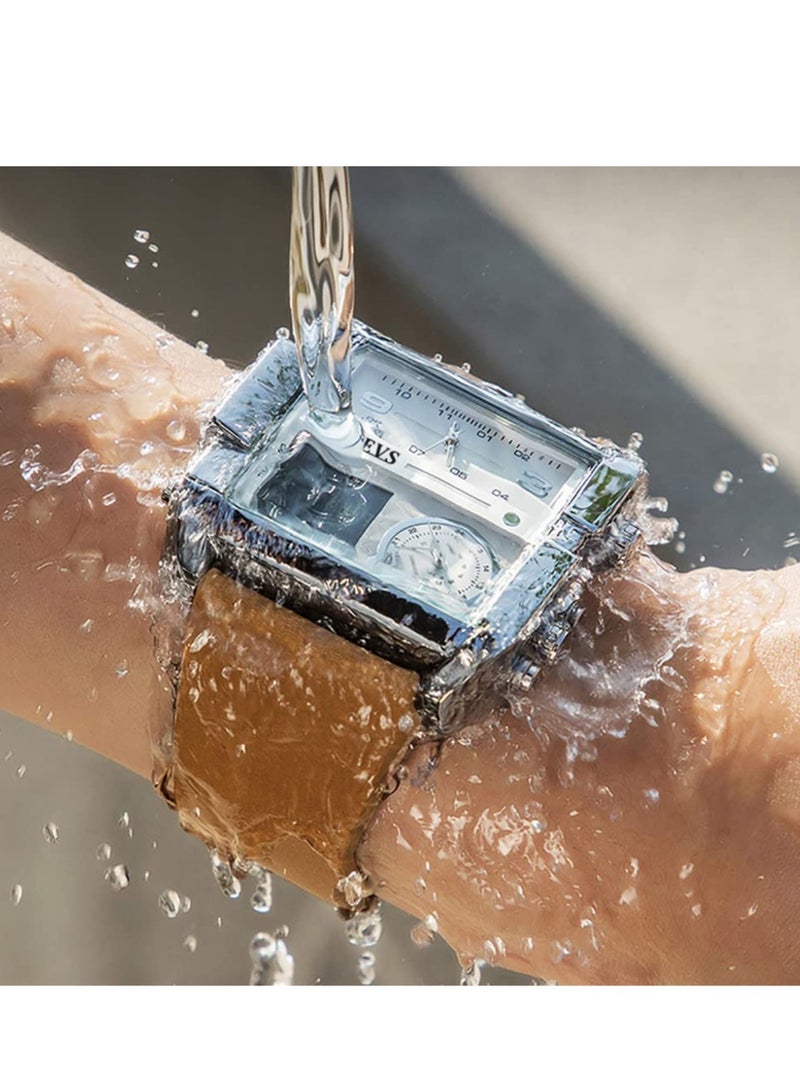 OLEVS Men's Sports Watch Big Face Digital Analog Quartz Watch LED Square Multi-Time Zone Waterproof Stopwatch - Image 5