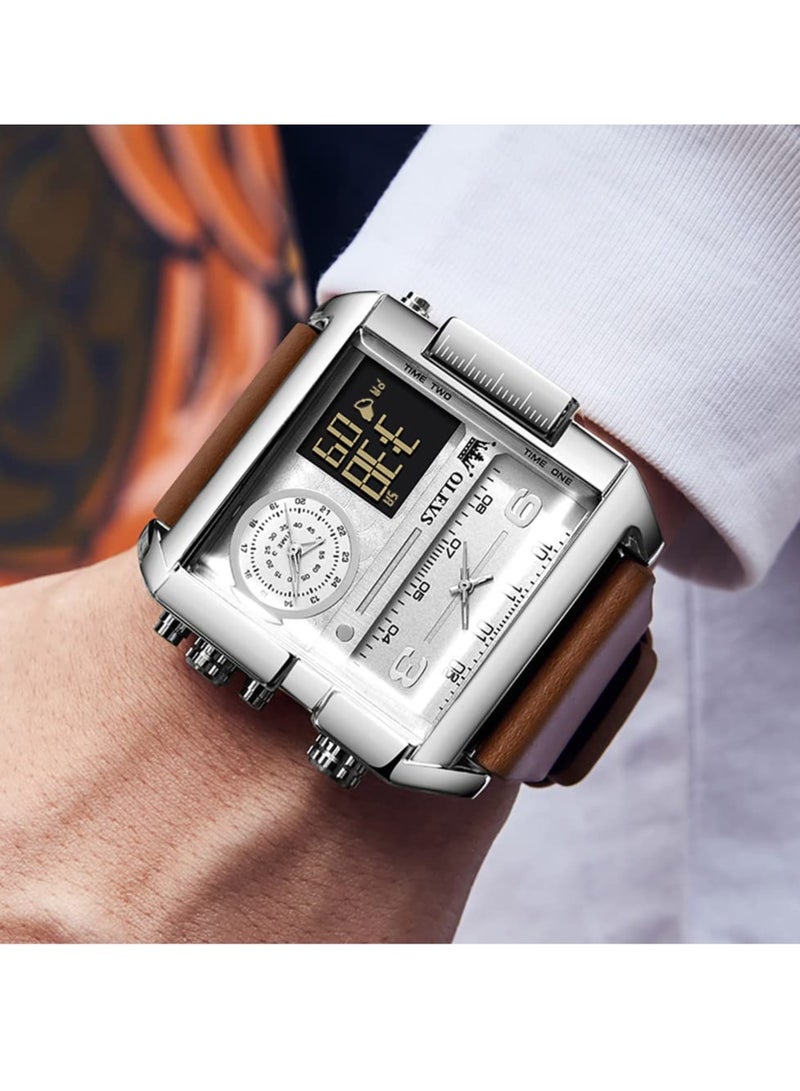 OLEVS Men's Sports Watch Big Face Digital Analog Quartz Watch LED Square Multi-Time Zone Waterproof Stopwatch - Image 3