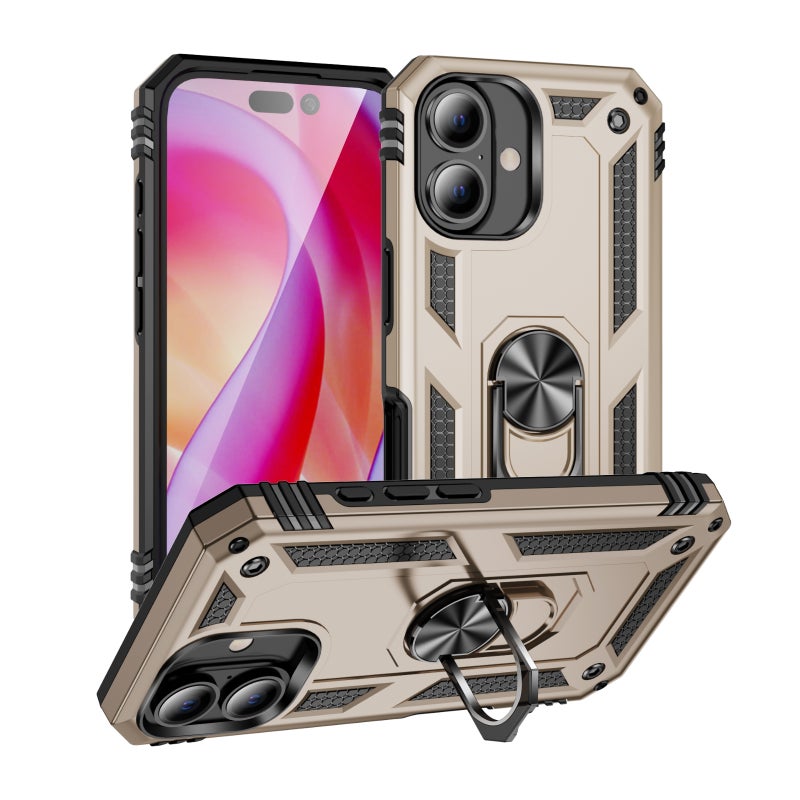 HuHa Protective Cover For iPhone 16 Shockproof TPU Hybrid PC Phone Case with Holder(Gold) - Image 1