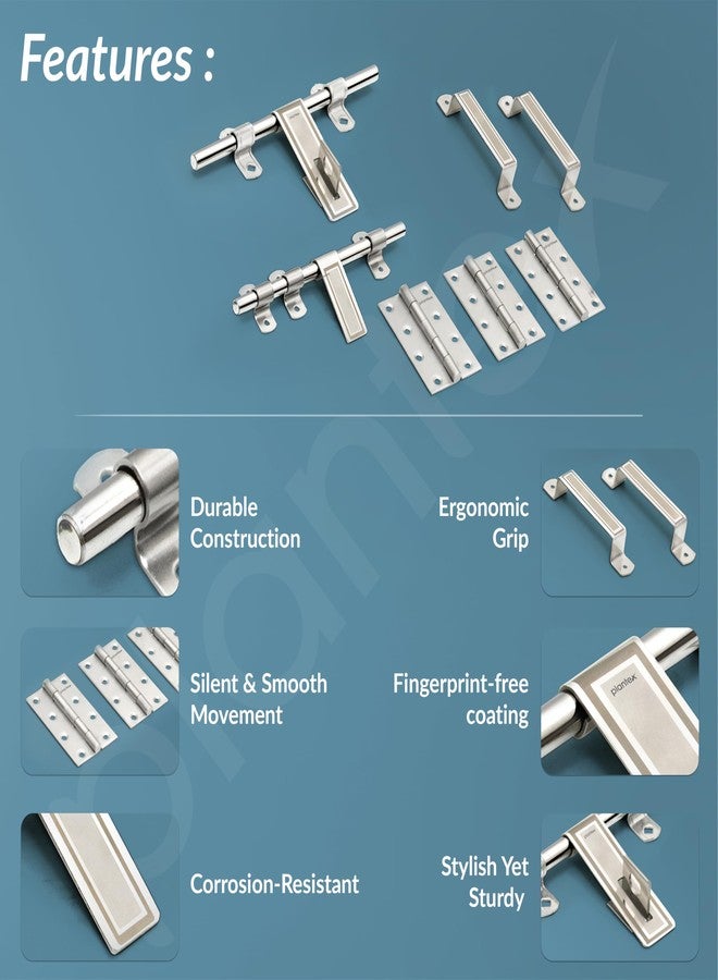 Plantex Stainless Steel Door Kit for Bathroom Door/Door Hardware/Doors Accessories/3 Hinges/10 inch Al-Drop/8 inch Latch/8 inch 2 Handles - Pack of 1 (APS-1320, Chrome) - Image 4