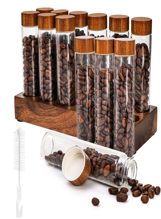 Goaste 12 Pack Coffee Beans Storage Tubes, Glass Coffee Bean Cellars with Wooden Stand, Dosing Glass Vials with Lids and Funnel for Tea, Coffee, Spices, 2OZ - Image 1