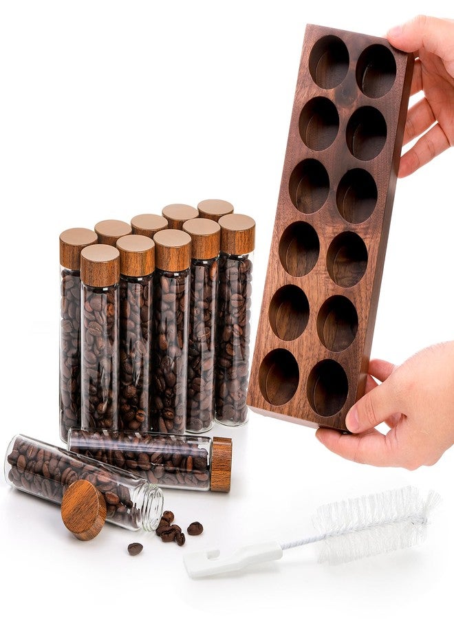 Goaste 12 Pack Coffee Beans Storage Tubes, Glass Coffee Bean Cellars with Wooden Stand, Dosing Glass Vials with Lids and Funnel for Tea, Coffee, Spices, 2OZ - Image 3