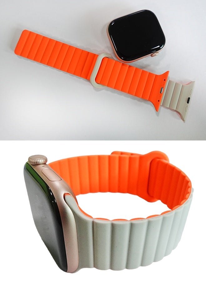 Lightweight Sport Strap for Apple Watch - Silicone Magnetic Band for Ultra 2/Series 10/9/8/SE, Secure Closure (49/46/45/44/42mm, White/Orange) - Image 3