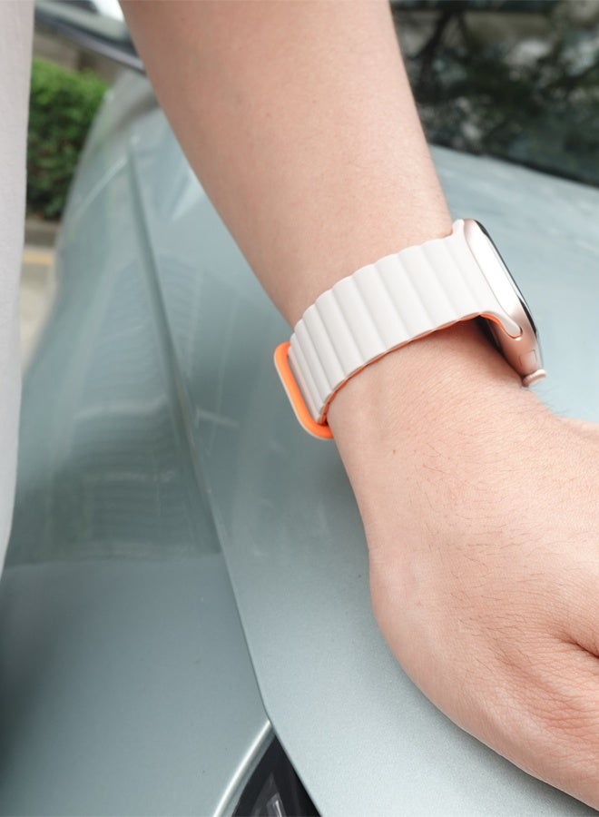 Lightweight Sport Strap for Apple Watch - Silicone Magnetic Band for Ultra 2/Series 10/9/8/SE, Secure Closure (49/46/45/44/42mm, White/Orange) - Image 2