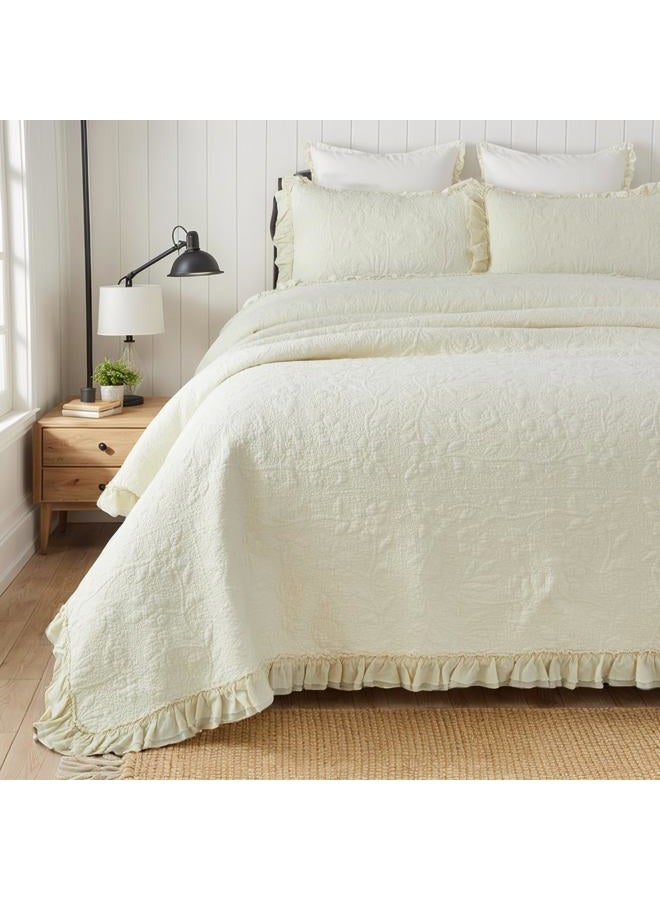 Brandream King Size Quilt Set 100% Cotton Cream Pale Yellow Summer Quilts Shabby Chic Bedding All Season Ruffle Bedspread 3-Piece - Image 1