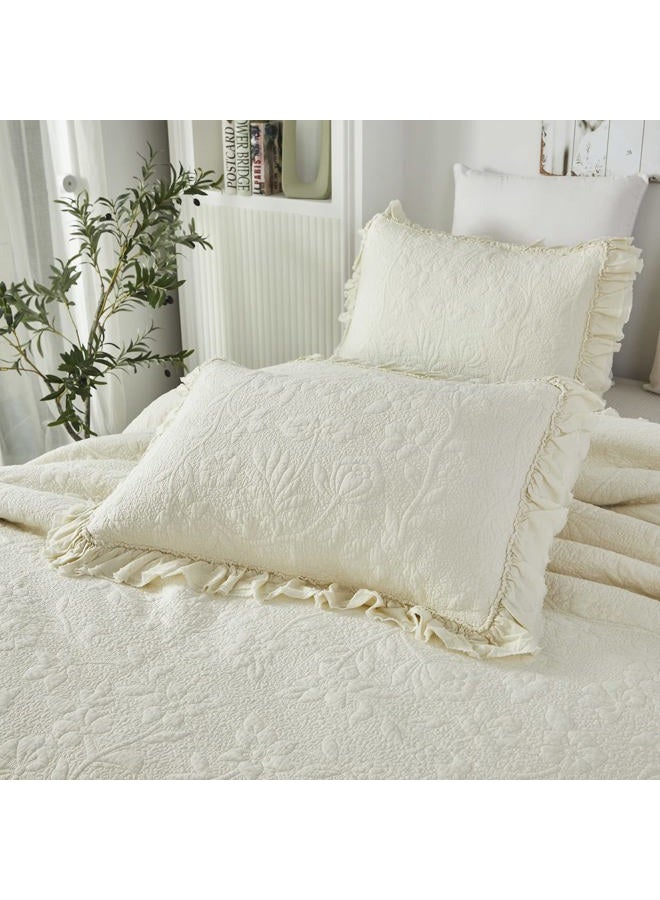 Brandream King Size Quilt Set 100% Cotton Cream Pale Yellow Summer Quilts Shabby Chic Bedding All Season Ruffle Bedspread 3-Piece - Image 4