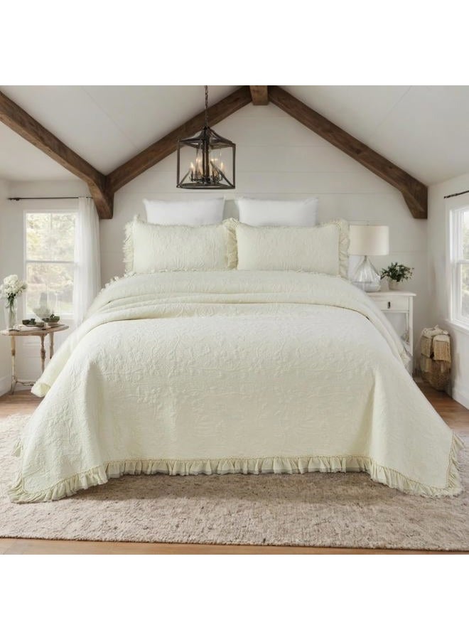 Brandream King Size Quilt Set 100% Cotton Cream Pale Yellow Summer Quilts Shabby Chic Bedding All Season Ruffle Bedspread 3-Piece - Image 2