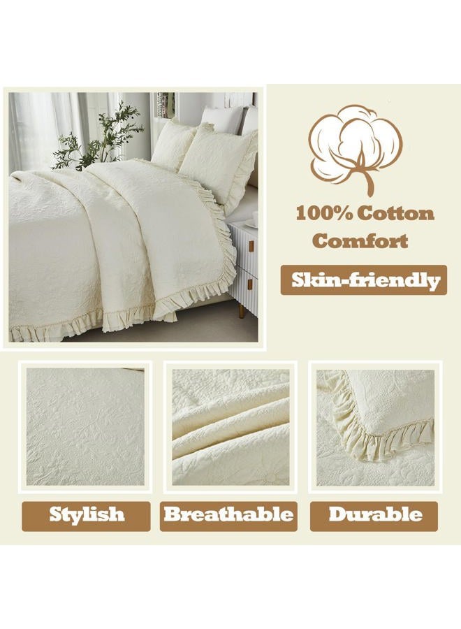 Brandream King Size Quilt Set 100% Cotton Cream Pale Yellow Summer Quilts Shabby Chic Bedding All Season Ruffle Bedspread 3-Piece - Image 5