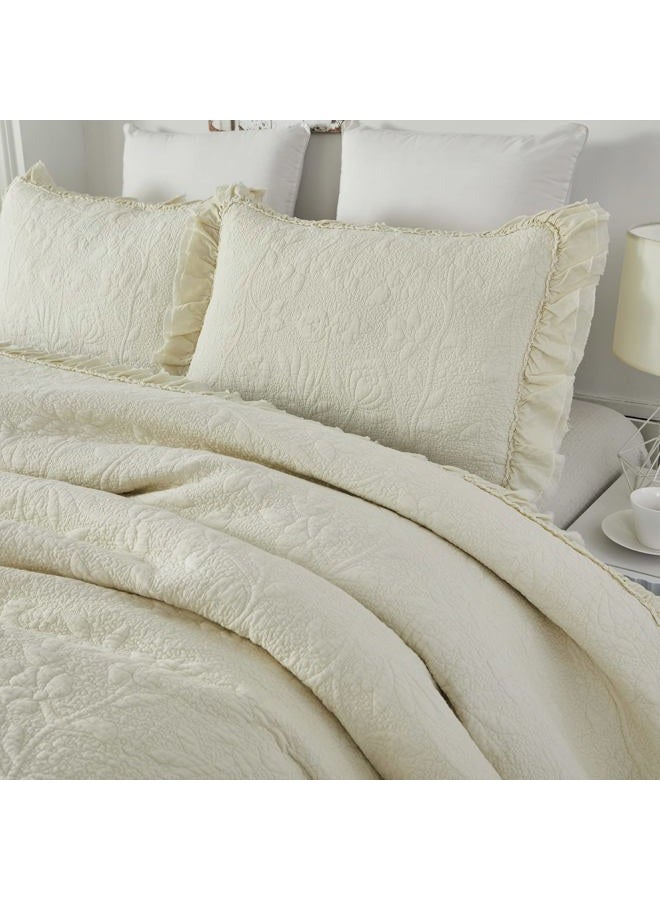 Brandream King Size Quilt Set 100% Cotton Cream Pale Yellow Summer Quilts Shabby Chic Bedding All Season Ruffle Bedspread 3-Piece - Image 3
