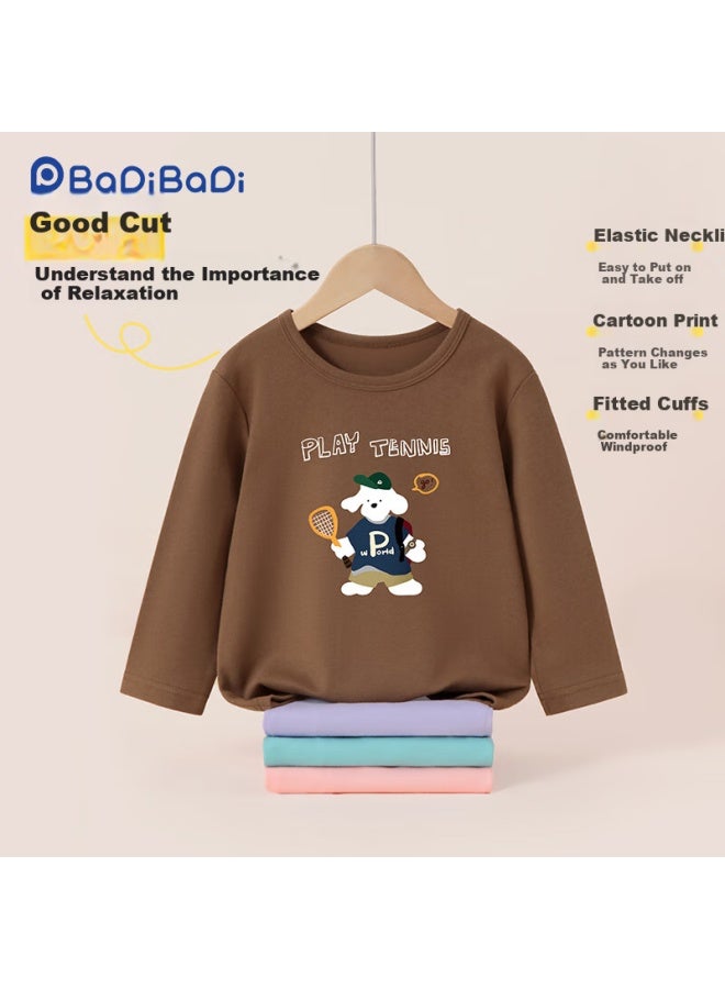 Badibadi Pure Cotton Long-sleeve T-shirt For Infants And Children, Solid Color Base Shirt, Comfortable Versatile Top, Coffee, Tennis Dog, 130