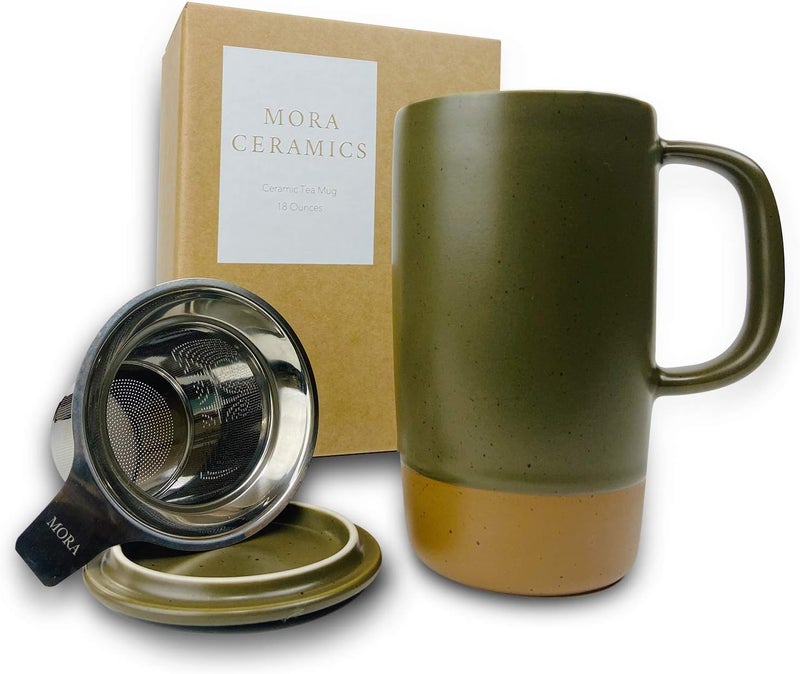 Mora Ceramics Large Tea Mug with Loose Leaf Infuser and Ceramic Lid, 18 oz, Portable, Microwave and Dishwasher Safe, Tall Coffee Cup - Rustic Matte Ceramic Glaze, Modern Herbal Tea Strainer, Olive - Image 1