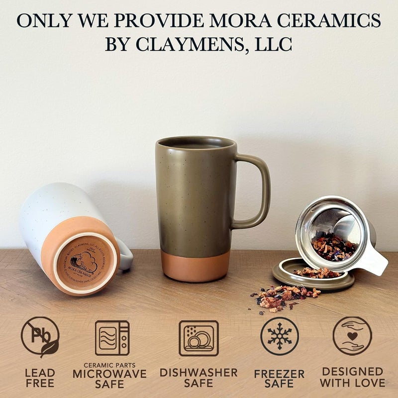 Mora Ceramics Large Tea Mug with Loose Leaf Infuser and Ceramic Lid, 18 oz, Portable, Microwave and Dishwasher Safe, Tall Coffee Cup - Rustic Matte Ceramic Glaze, Modern Herbal Tea Strainer, Olive - Image 4