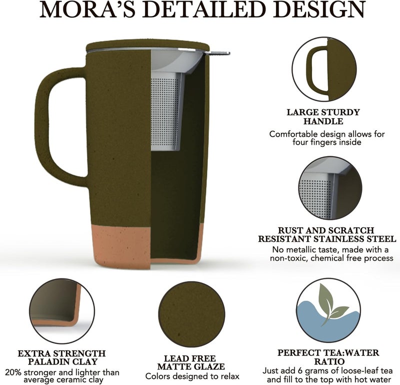 Mora Ceramics Large Tea Mug with Loose Leaf Infuser and Ceramic Lid, 18 oz, Portable, Microwave and Dishwasher Safe, Tall Coffee Cup - Rustic Matte Ceramic Glaze, Modern Herbal Tea Strainer, Olive - Image 2