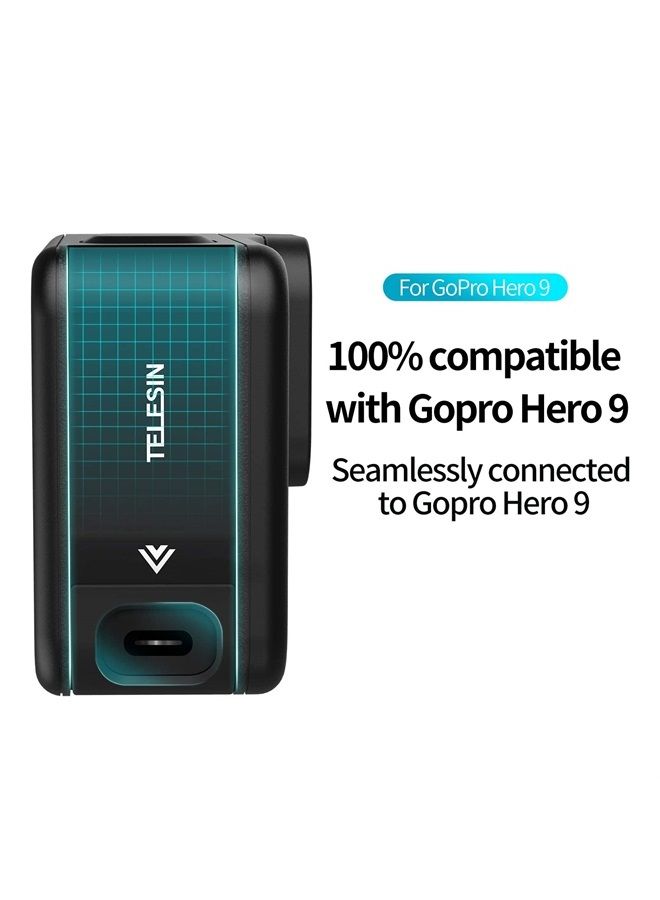 TELESIN غطاء بطارية من الألومنيوم لكاميرا GoPro Hero 11 Hero 10 Hero 9 باللون الأسود، مشبك جانبي قابل للإزالة مع منفذ شحن من النوع C، ملحقات شاحن بطاريات مريحة لكاميرا GoPro 11 10 9