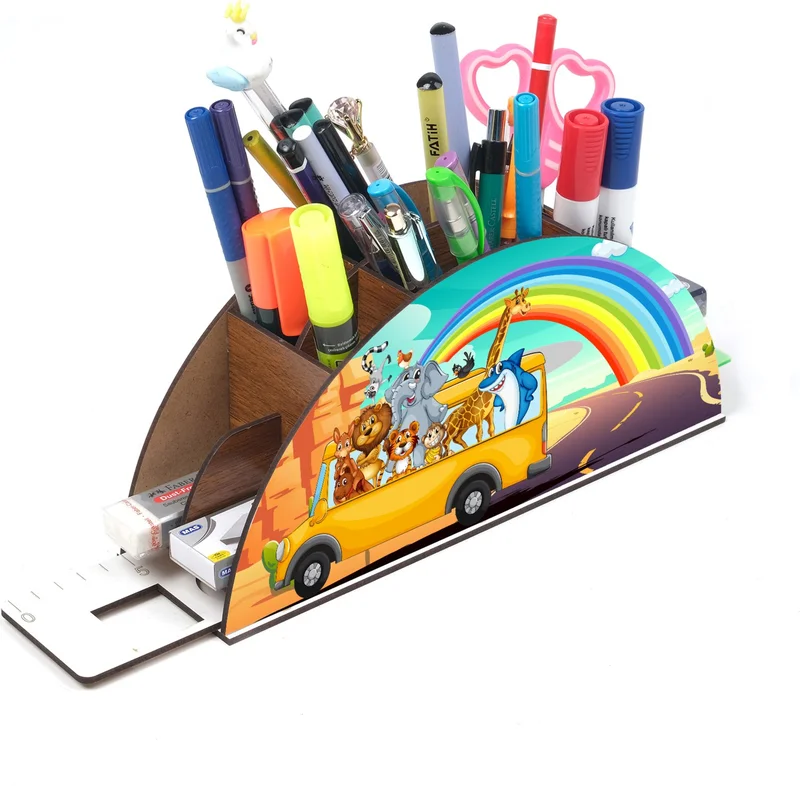 نوتبا Wooden Animals Rainbow on the Bus Desktop Pen Holder Box with Ruler Organizer for Kids gk4