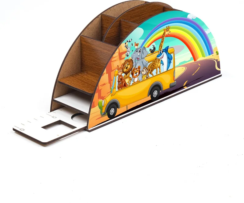 نوتبا Wooden Animals Rainbow on the Bus Desktop Pen Holder Box with Ruler Organizer for Kids gk4