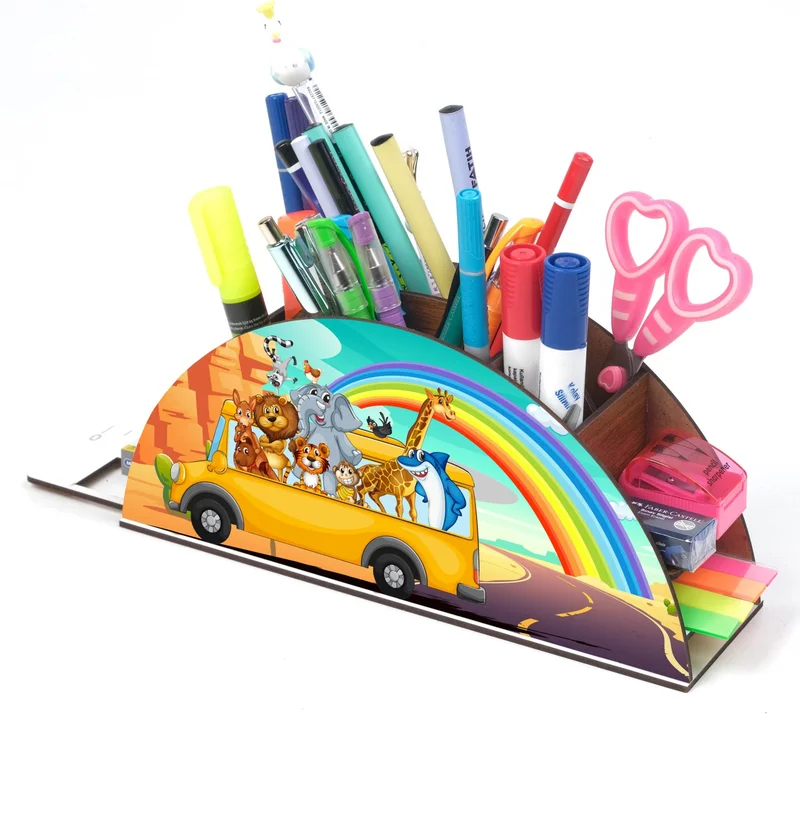 نوتبا Wooden Animals Rainbow on the Bus Desktop Pen Holder Box with Ruler Organizer for Kids gk4