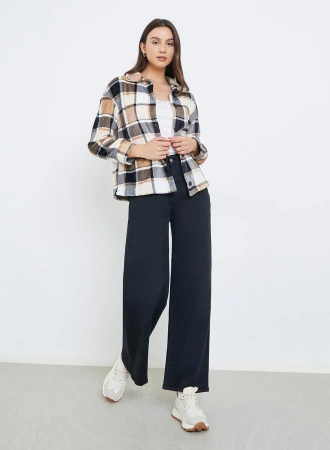 Take Two Checked Button Front Lapel Neck Long Sleeve Coat