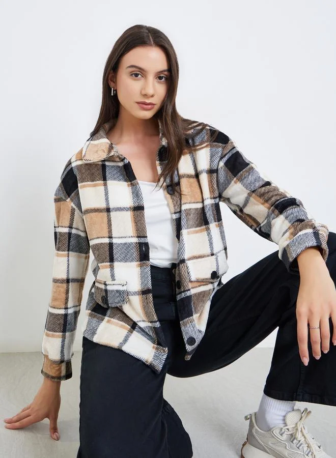 Take Two Checked Button Front Lapel Neck Long Sleeve Coat