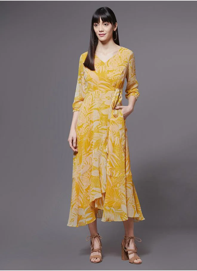 Miss Chase Leaf Print Asymmetric Hem A-Line Midi Dress by Styli