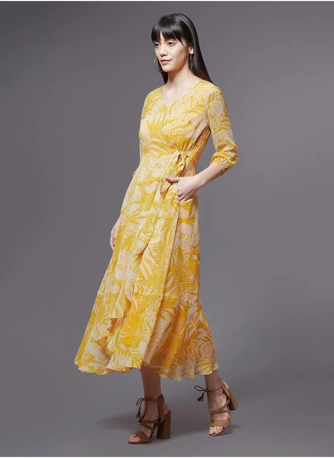 Miss Chase Leaf Print Asymmetric Hem A-Line Midi Dress by Styli