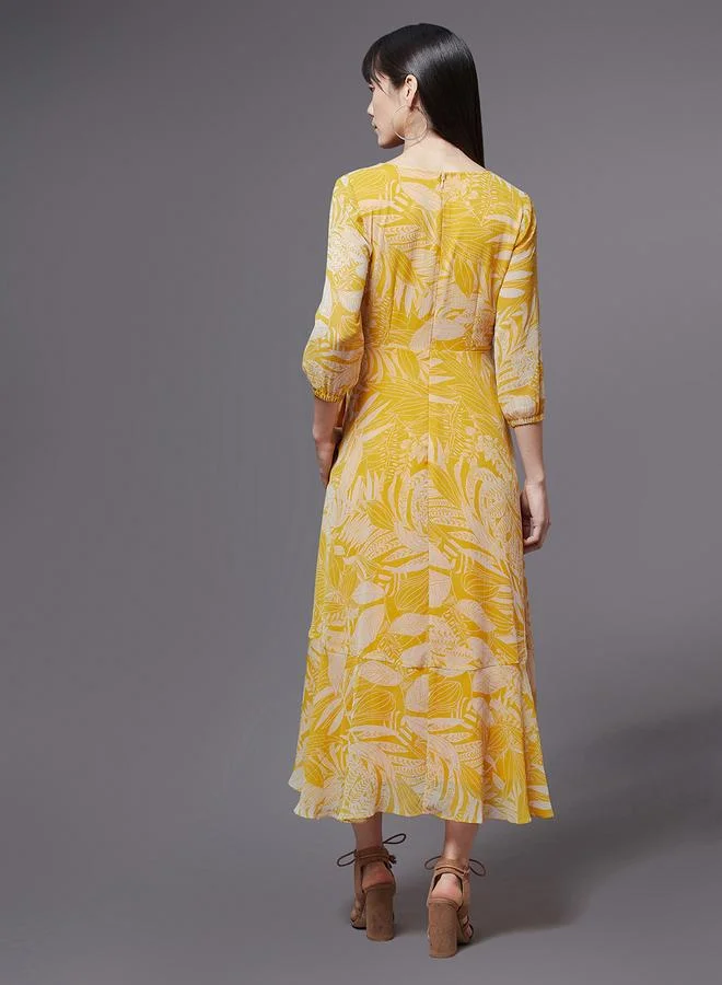 Miss Chase Miss Chase Leaf Print Asymmetric Hem A-Line Midi Dress