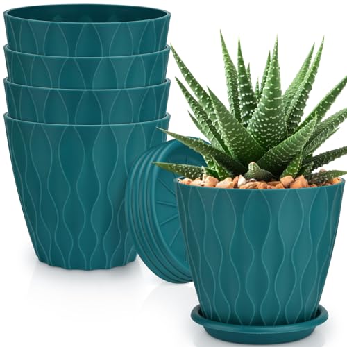YNNICO 6 inch Plant Pots, 5 Pack Flower Pots Outdoor Indoor, Planters with Drainage Hole and Tray Saucer(Blue - Image 1
