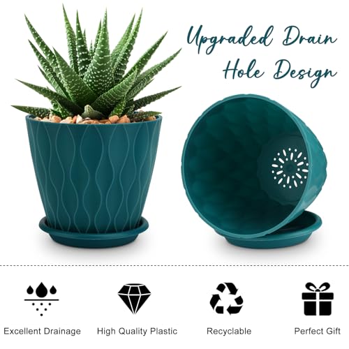 YNNICO 6 inch Plant Pots, 5 Pack Flower Pots Outdoor Indoor, Planters with Drainage Hole and Tray Saucer(Blue - Image 4