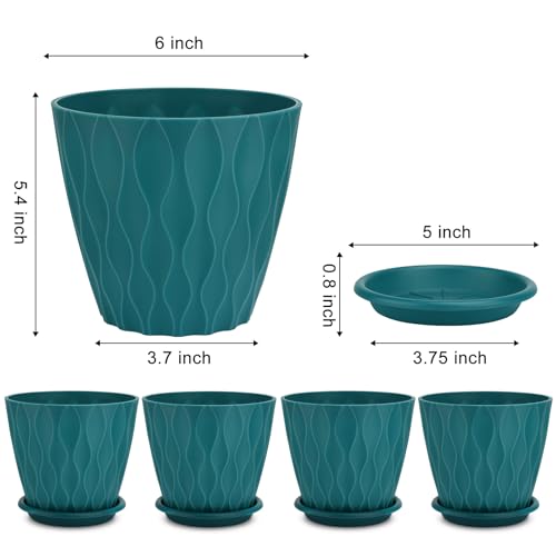 YNNICO 6 inch Plant Pots, 5 Pack Flower Pots Outdoor Indoor, Planters with Drainage Hole and Tray Saucer(Blue - Image 2