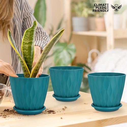 YNNICO 6 inch Plant Pots, 5 Pack Flower Pots Outdoor Indoor, Planters with Drainage Hole and Tray Saucer(Blue - Image 5