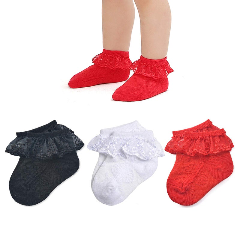 EPEIUS 3 Pairs BabyGirls Eyelet Frilly Lace Socks Infants Girls Princess Ankle Socks for 36 MonthsBlackWhiteRed