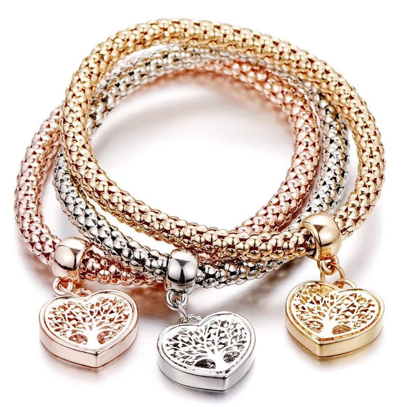 SILANER Crystal Charms Multilayer Bracelets - 3PCS Gold/Silver/Rose Gold Corn Chain Bracelet for Women, Tree of Life Heart Shaped Stretch Bracelet(TREE OF LIFE HEART EDITION CHARM) - Image 1