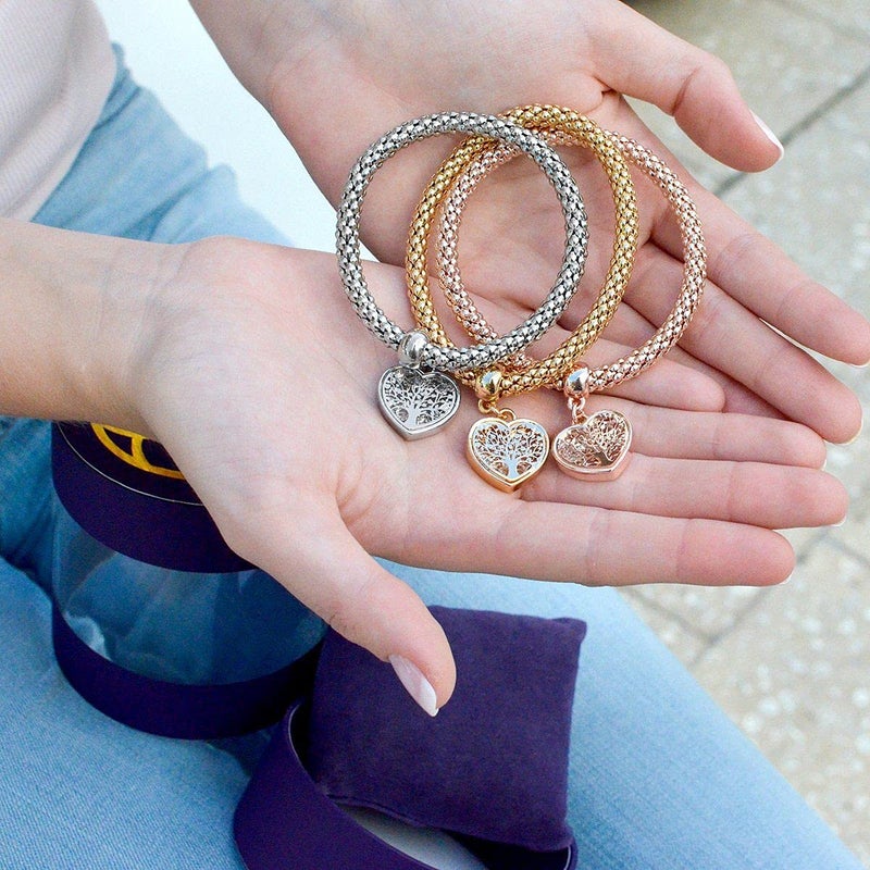 SILANER Crystal Charms Multilayer Bracelets - 3PCS Gold/Silver/Rose Gold Corn Chain Bracelet for Women, Tree of Life Heart Shaped Stretch Bracelet(TREE OF LIFE HEART EDITION CHARM) - Image 4