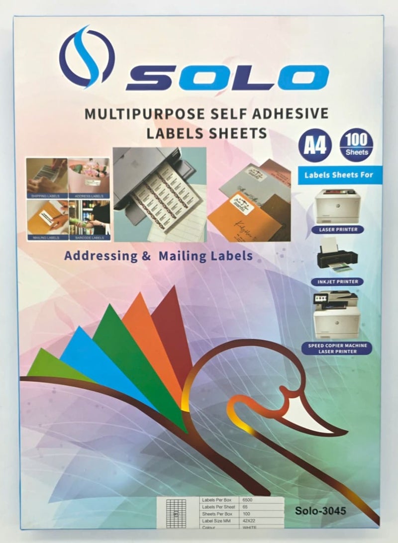 Solo Multipurpose Laser Labels, Sticker Size (42mm x 22mm) Color White (6500 STICKER x 100 Sheets) - Image 1